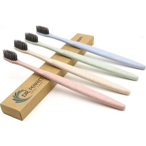 DR.PERFECT 4 Pieces 100% Natural Wheat Toothbrushes For Adult Oral Care Soft Black Nylon Bristles