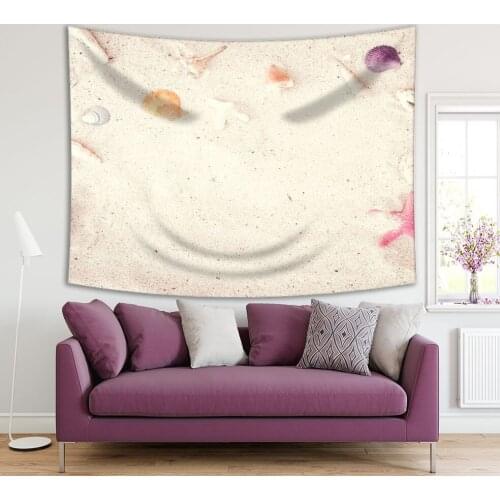 Tapestry Beach Shells with Sand and Starfish Summer Holiday Theme Vintage Tone Photo Printed Beige Pink