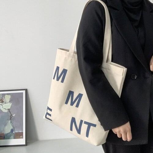 Womens Canvas Shoulder Shopper Bag Letter Printing Large Korean Cotton Cloth Ladies Handbag Eco Reusable Shopping Bag 2021 New