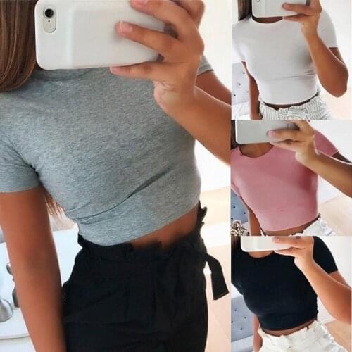 Summer Women Fashion Crop Top Shirt Solid Color O-Neck Basic Streetwear sexy Short Sleeve T-shirt Tops Casual Female Tees