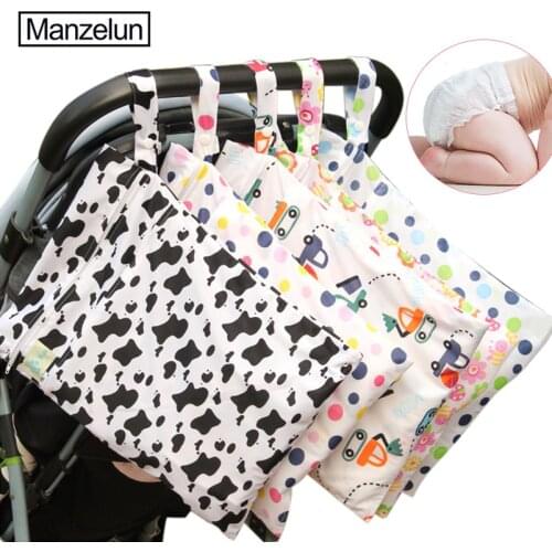 Cartoon Reusable Waterproof Wet Dry Diaper Bag Baby Cloth Diaper Storage Bag Double Pockets Cloth Handle Wetbags 30*40CM