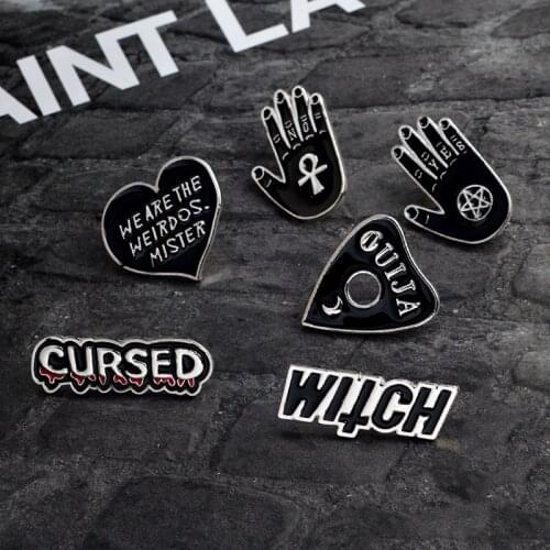 Cartoon Black Hand Heart Brooch Cursed Ouija Witch We are the weirdos mister Pin Buckle Denim jacket Coat Pin Badge Jewelry Gift