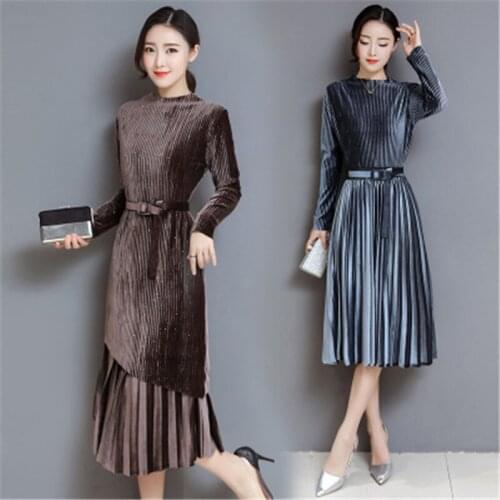 2020 New Autumn Winter Women Long-Sleeved Dress Plus Size Vintage Pleated Velvet Dress Woman Office Two-Piece Suit Dress 234