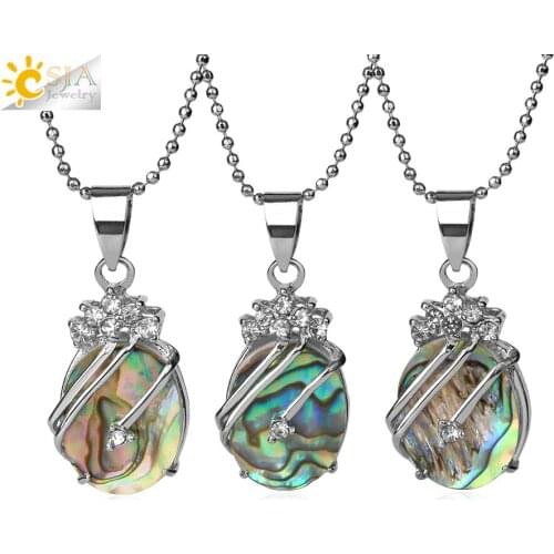 CSJA Reiki Oval Seashell Pendant Paua Abalone Shell Rhinestone CZ Crystal Pendants Necklace for Women Charm Simple Jewelry G740