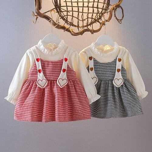 Sweet Girls Princess Dress Baby Kids Children Autumn Long Sleeve Faux Two Piece Heart Plaided Dresses Outfits ADK5