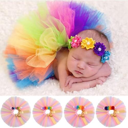 Nishine New Rainbow Color Tutu Dress with Gold Bowknot Flower Headband Set for 0~2 Years Newborn Kids Birthday Gift Photo Shoot