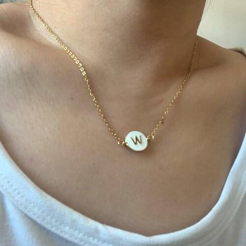 Simple Enamel White Coin A-Z Alphabet Charm Choker Necklace Classic Initial 26 Letters Gold Color Stainless Steel Chain Jewelry