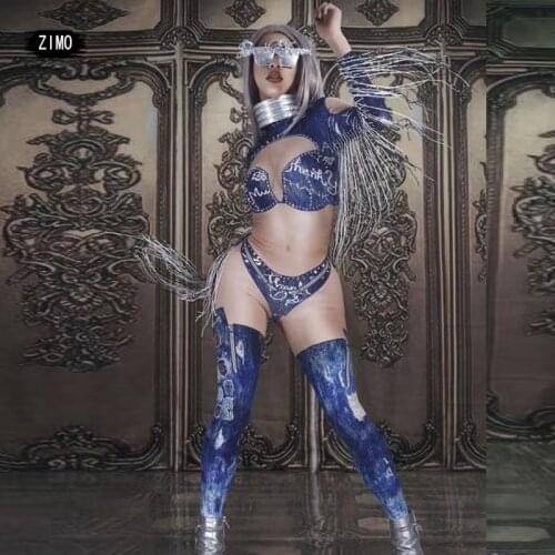 Tassel Jeans Printed sexy one piece Jumpsuit Womens Skinny Nightclub Show Birthday Party Prom DS DJ Outfit Stage Wear designer