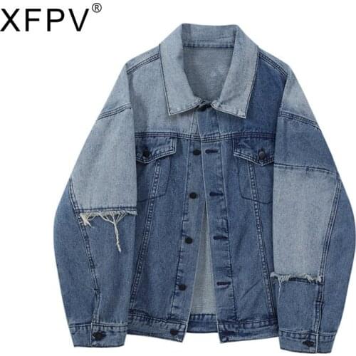 XFPV 2021 Autumn Spring New Fashion Splicing Contrast Color Denim Jacket Womens Loose Casual Long Sleeve Lepal Collar Top SM569