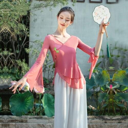 Sexy V Neck Chinese Folk Dance Shirt Women Fairy Body Rhyme Flowy Top Transparent Mesh Classical Dance Wear Stretch Light Weight