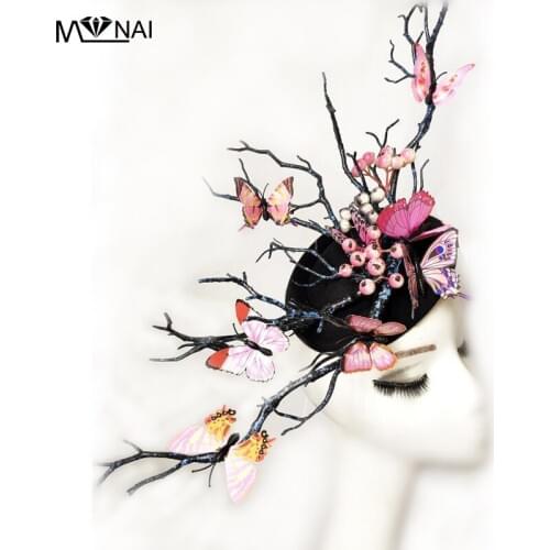 Womens Fascinator Headpiece Wedding Party Mini Top Hat Handmade Gothic Butterfly Antler Headdress Horns Hair Accessories