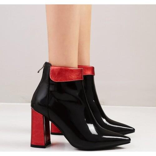 Thick High Heels Women Ankle Boots Square Toe Zip Footwear PU Patent Leather Female Boot Shoes Woman New Black Plus size 33-43