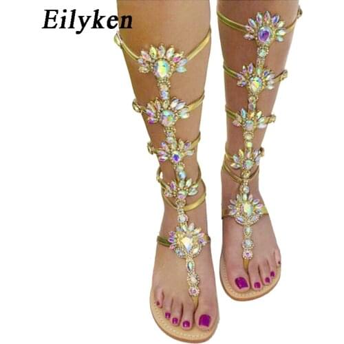 Eilyken 2021 Summer Flats Sandal Gladiator Gold Rhinestone Knee High Buckle Strap Woman Boots Bohemia Style Crystal Beach Shoes
