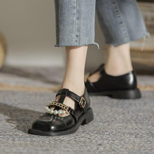 2021 New Womens Mary Jane Chain Shoes Platform Square Toe High Heels Fashion Leather Flat Shoes Uniform Womens Shoes