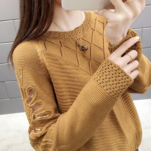 New Womens Pullover, Fashion Hollow Solid Color, Long-Sleeved Round Neck Sweater, Cardigan, Short Stitching, Versatile Top Traf
