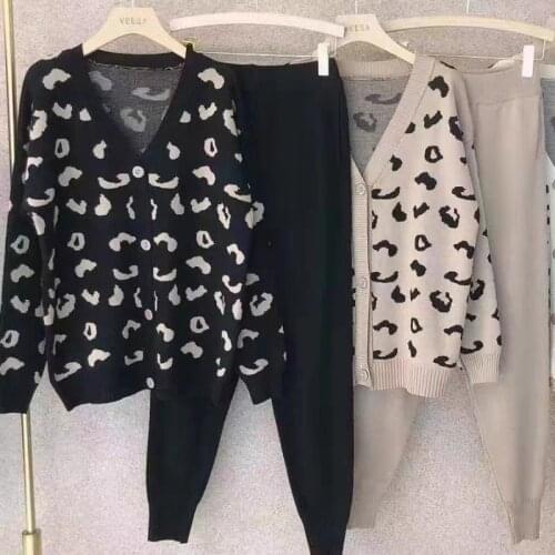 New Autumn Winter Oversized Tracksuit Women Cardigan Sweater Leopard Knitted Jumper Suit + Harem Pants 2 Piece Sets Brand Design
