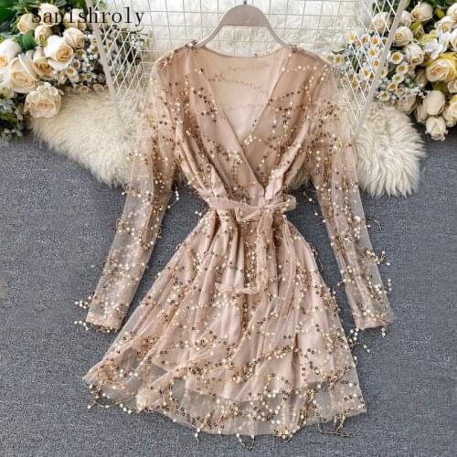 Sanishroly Women Tassel Sequined Dress Sexy V-Neck Tie Bow A-Line Dresses Female High Waist Sexy Club Mini Short Vestidos SE1168
