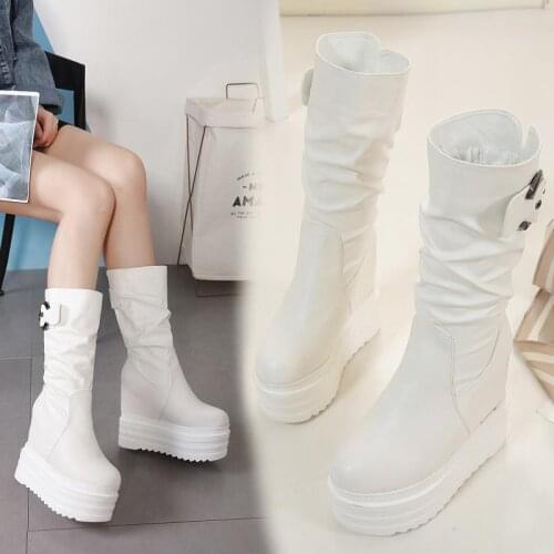 13CM slope heel ultra-high heel waterproof table muffin thick bottom mid-tube show thin winter increase the black womens boots