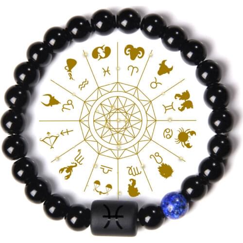 Constellation Zodiac Signs Charm Bracelet Men Natural Black Onyx Stone Beads Elastic Bangles Friendship Jewelry Women Pulsera
