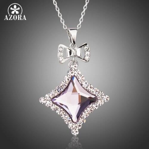 AZORA Bowknot Necklaces Jewelry for Women White Gold Color Quadrilateral Crystals Long Link Chain Pendant Necklaces TN0202