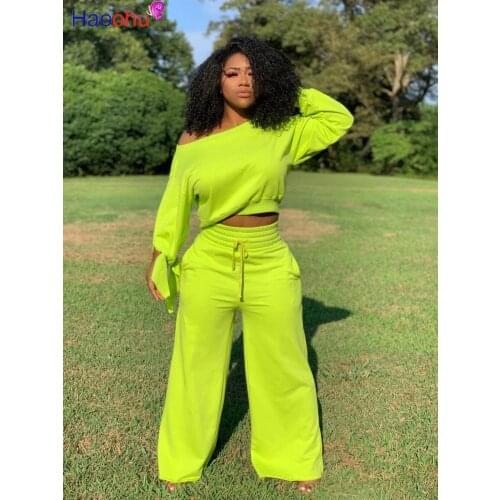 HAOOHU Sets for women 2 pcs Summer Pullover one shoulder T-shirt + wide leg Pant outfit Two Piece Tracksuits
