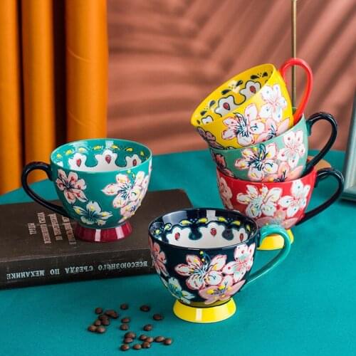 Handpainted Colorful Floral Blossoms Glazed Ceramic Mug Personalized Coffee Tea Milk Water Cup Vintage Kitchen Home Office Decor