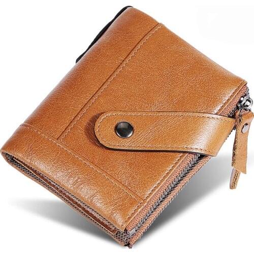 New Oil Wax Genuine Leather Mens wallet double zipper wallet men high quality short Purse for men Anti magnetic Male wallet