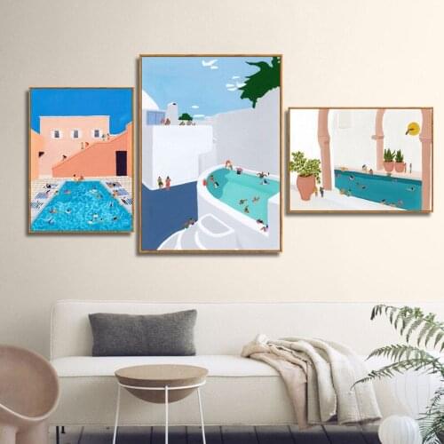 Colorful Summer Holiday Swim Pool Landscape Beach House Potted Plant Canvas Painting Wall Picture Poster Living Room Decoration