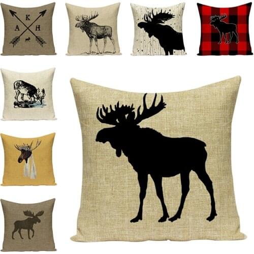 Cartoon Elk Animal Linen Pillow Cover Deer Cushion Cover Creative Home Decorative Cotton Linen Pillow Case for Home Sofa Decor