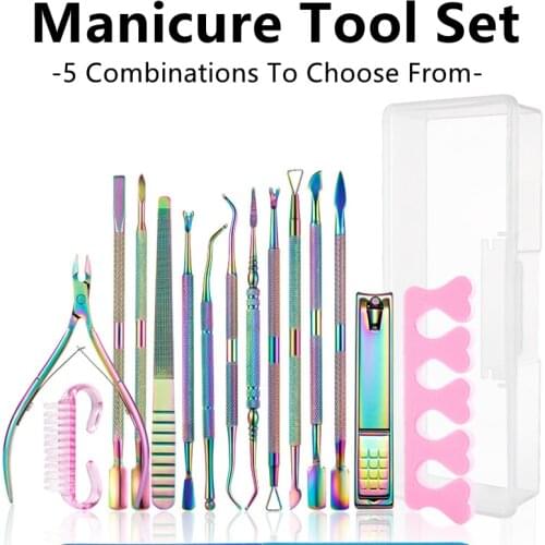 Rainbow Manicure Set Stainless Steel Nail Art Tools Cuticle Spoon Pusher Dead Skin Fork Gel Remover Nipper Tweezer Pedicure Tool