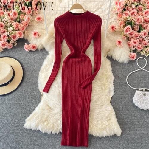 OCEANLOVE Knitting Lurex Women Dress Stretch Autumn Winter Solid Vintage 2021 Robe Femme High Waist Korean Vestidos Bodycon