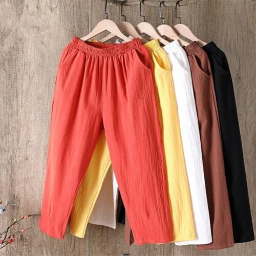 Solid color literary retro Summer thin High Waist trousers Loose Harlan cotton Elastic waist linen womens pants