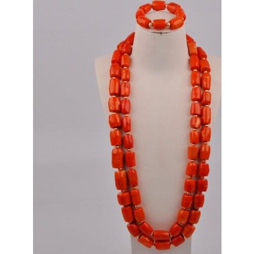 Couple Wedding Jewelry Natural Orange Coral Bead Necklace Nigeria Wedding Groom Bride Wedding Accessories Jewelry Set AU-212
