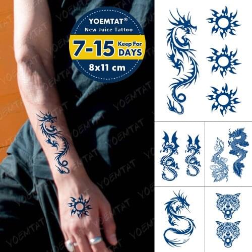 Juice Ink Lasting Waterproof Temporary Tattoo Sticker Dragon Sun Totem Wolf Tattoos Hexagram Body Art Arm Fake Tatoo Women Men