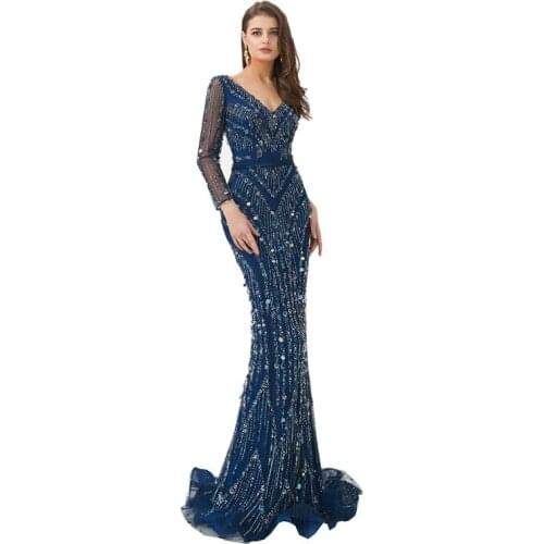 Blue Sequined Deep V-Neck Long Mermaid Evening Dresses Robe de soiree Vestido Evening gown Formal dress Abendkleider 91963