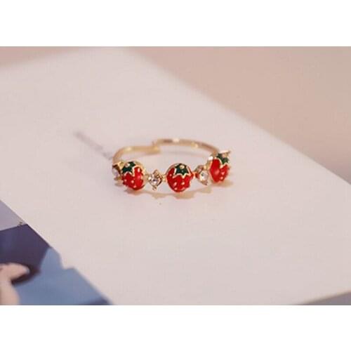 Rhinestones Sweet Fruit Red Strawberry Open Adjustable Finger Rings For Female Girls Party Gifts