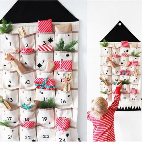 24 Pockets Fabric Christmas Calendar To Hanging Xmas Ornaments Party Advent Drawstring Bags Embellishments Banner Pend