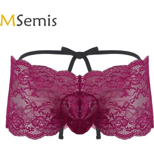 Men Adult Floral Lace Transparent Panties Low Rise Strappy Open Butt Sissy Bikini Briefs Sexy Gay Crotchless Jockstrap Underwear