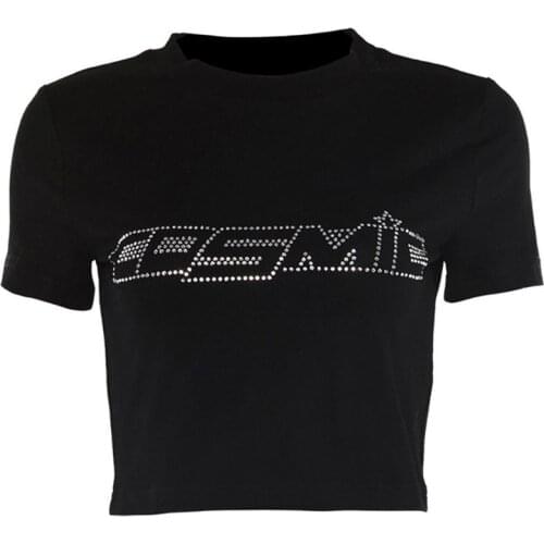 Women Summer Short Sleeve/Sleeveless Crop Top Hot Drill Rhinestone Cosmic Letter T-Shirt Navel Slim Vest Club Streetwear