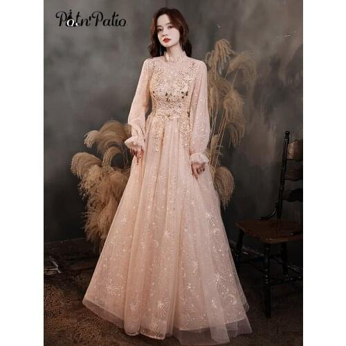Pink Evening Party Dresses With Long Sleeves Modest High Neck A-line Floor-length Appliques Tulle Womens Formal Gowns