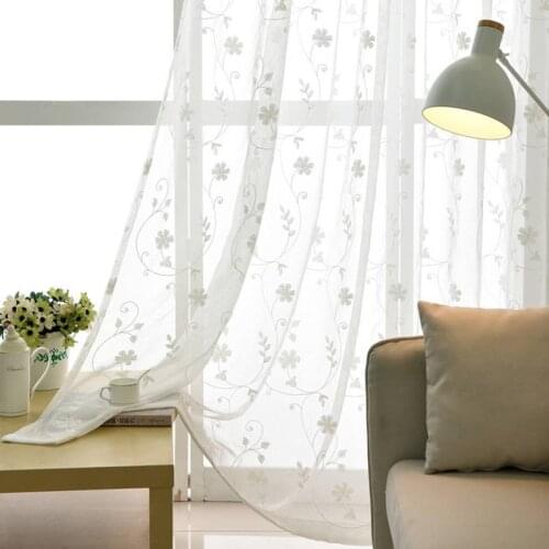 Embroidered Sheer Curtain for Bedroom Living Room White Organza Floral Pastoral Rural Window Drapes zh020C