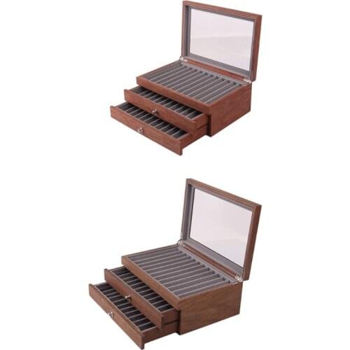 34 Pieces Wood Pen Box 3 Levels with Drawers Fountain Pen Display Organizer Box with Glass Window Great Gift for friend