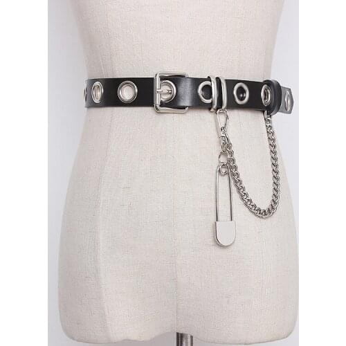 Womens runway fashion genuine leather pin chain Cummerbunds female Dress Corsets Waistband Belts decoration wide belt TB1532