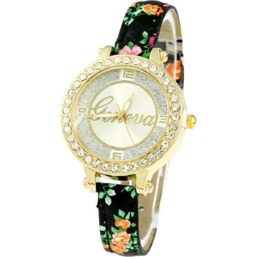 Geneva platinum Women Rhinestone Silver Crystal Flower Pu Band Luxury Analog Quartz Wrist Watch Girl Lady Casual Dress