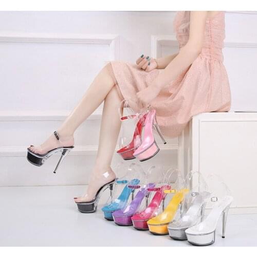 One Word Buckle Sexy High Heels 15 Cm Hot Sale Transparent Ladies Sandals Summer New Fashion High Heels With Waterproof Platform