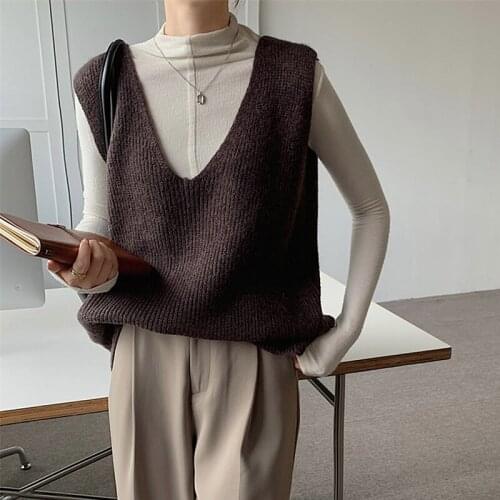 Korean Solid Sweater Vest Women 2021 Autumn Winter V Neck Knitted Vest Sleeveless Jecket Chaleco Mujer