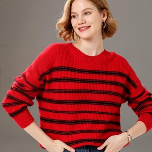 Womens pullover 2021 fall/winter new 100% wool sweater casual loose striped cashmere sweater O-neck knitwear ladies top hot XXL