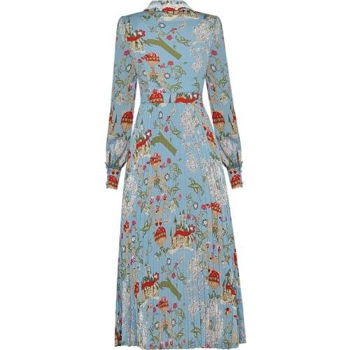 Fashion Shirt Runway Women Spring New Beading Diamonds Lace Floral Print Long Pleated Elegant Dress