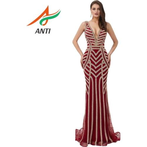 ANTI Burgundy Evening Dresses 2019 Elegant V-neck Sleeveless Sexy Formal Crystal Beading Party Long Gowns Women robe de soiree