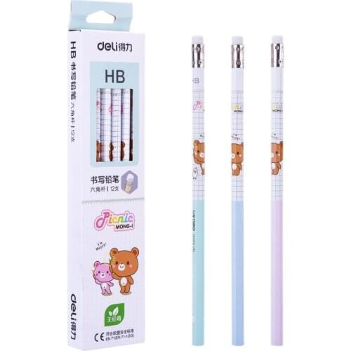 12pcs / box Deli 58131, cartoon cute, advanced log graphite HB rubber pencil, non-toxic pencil, student office stationery